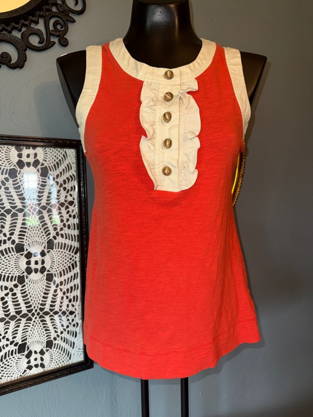Forever 21 Red Tank Top with Cream Ruffle Placket